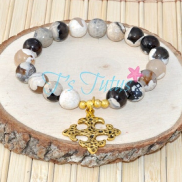 Black and Tan Cross Beaded Stretch Coffee and Cream Fire Agate Beads - Picture 4 of 4